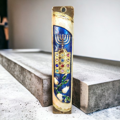 Enamel Door Mezuzah Decorated Case with Menorah Hoshen 12 Tribes Jerusalem 5" - Picture 10 of 11