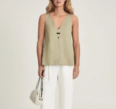 Reiss Emi Khaki Green Tank Top Size 2 V-Neck Sleeveless Linen Viscose Relaxed