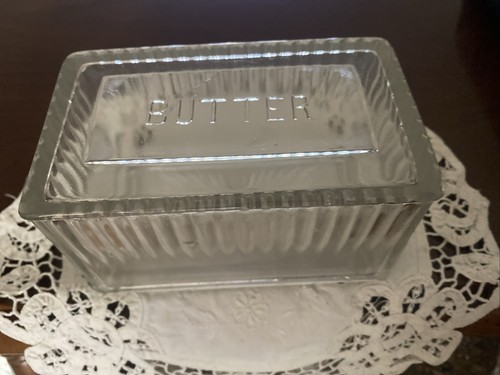 Vintage Art Deco Clear Glass French Buerre Butter Dish with Lid