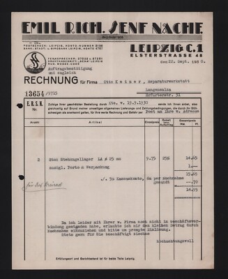 Leipzig, invoice 1930, Emil Rich. Mustard Ref. Ball plummer block bearings collar bearing rings