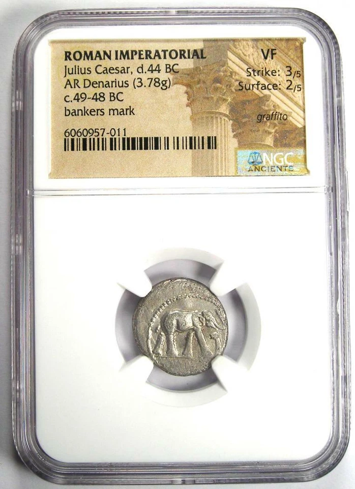 Julius Caesar AR Denarius Silver Elephant Roman Coin 49 BC - Certified NGC VF - Image 2 of 4