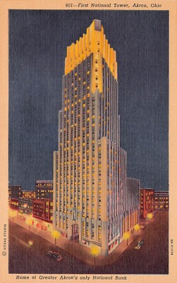 Akron OH Huntington Tower Ohio Downtown Cascade Plaza Night View Vtg Postcard V2