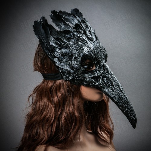 Black Raven Skull Long Nose w/ Feather Wedding Masquerade Prom Party Face Mask - Picture 7 of 7