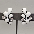 Vtg Clip On Earrings White Milk Glass Teardrop Beads Black Gunmetal 1 1/8"