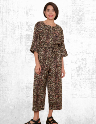 Ex WYSE Women s ¾ Sleeve Cotton Lauren Jumpsuit in Brown Leopard RRP £195