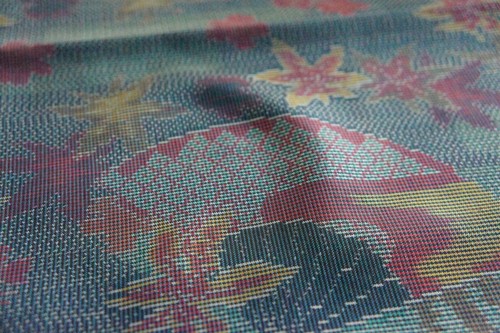 Vintage Japanese Silk Tsumugi Kimono Fabric Green Fan Maple 113cm(44") - Picture 5 of 11