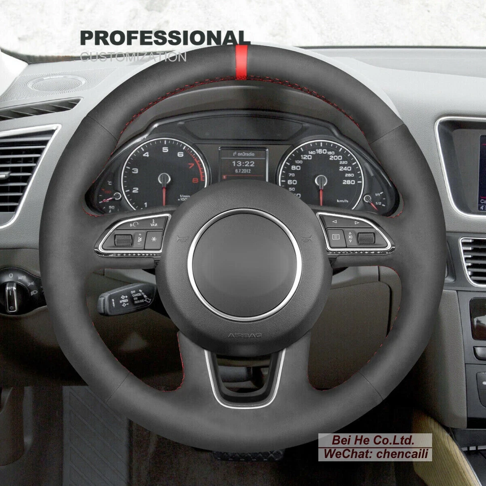 Cubierta de volante de gamuza negra suave cosida a mano para Audi Q3 Q5 2013-2017 Q7 Foto 3 de 4