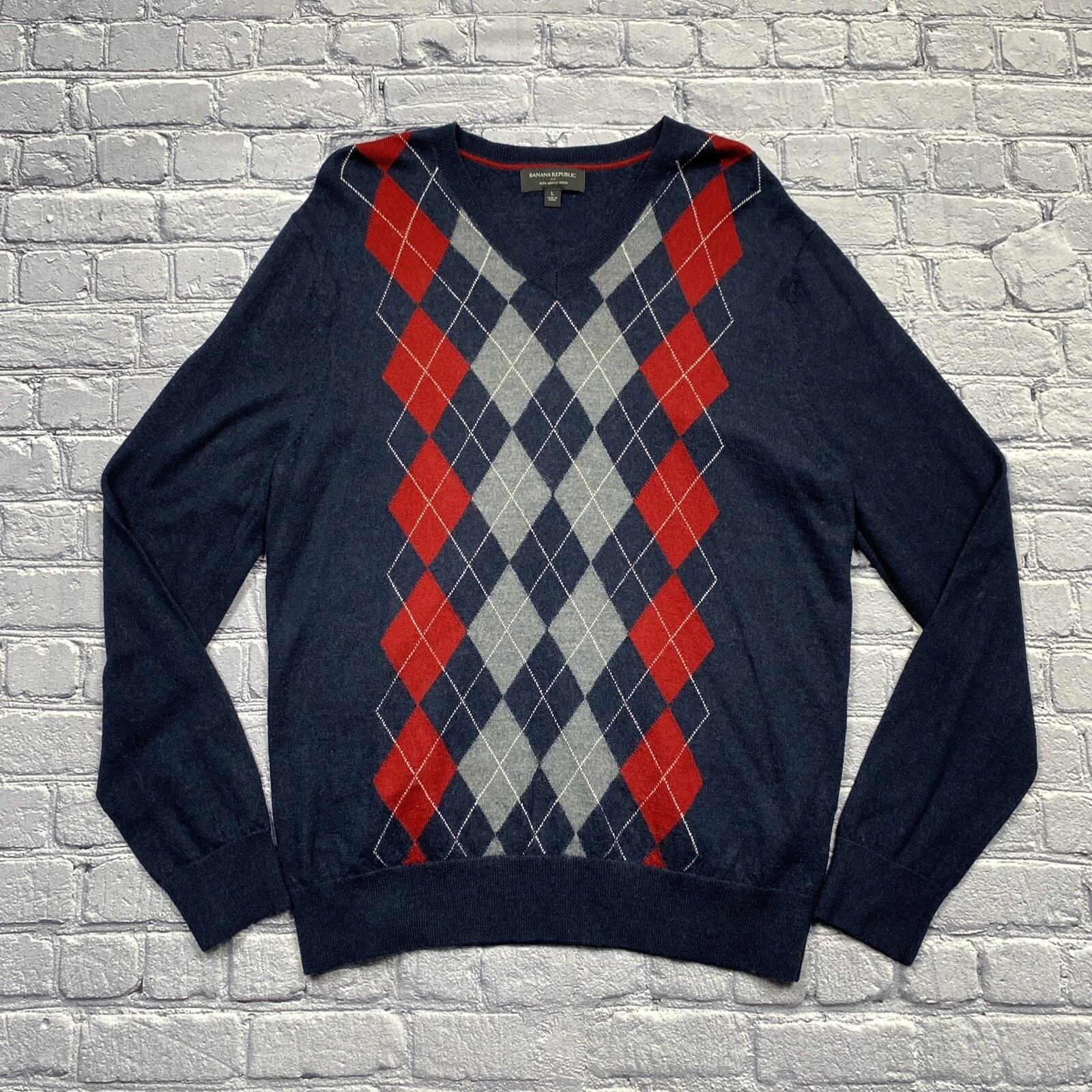 Banana Republic Merino Wool Sweater L Navy Blue Argyle V-Neck Dark Academic