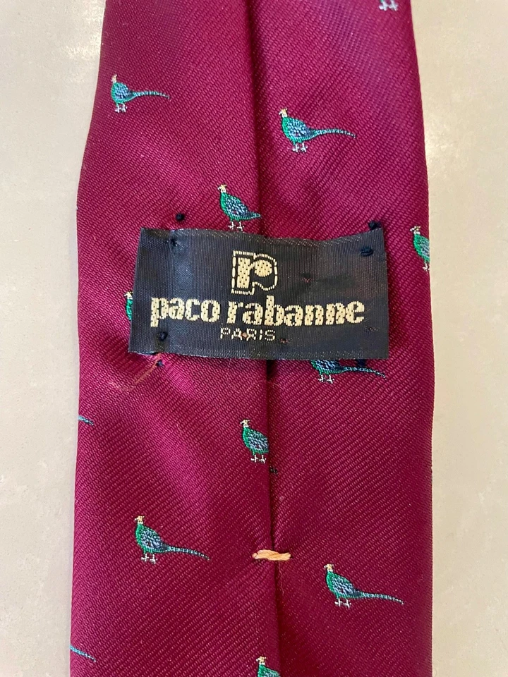 Corbata de seda vintage Paco Rabanne Paris para hombre rojo granate con faisanes verdes Foto 4 de 4
