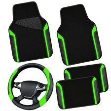 Leather Steering Wheel Cover and Waterproof Car Floor Black  Fluorescence Green