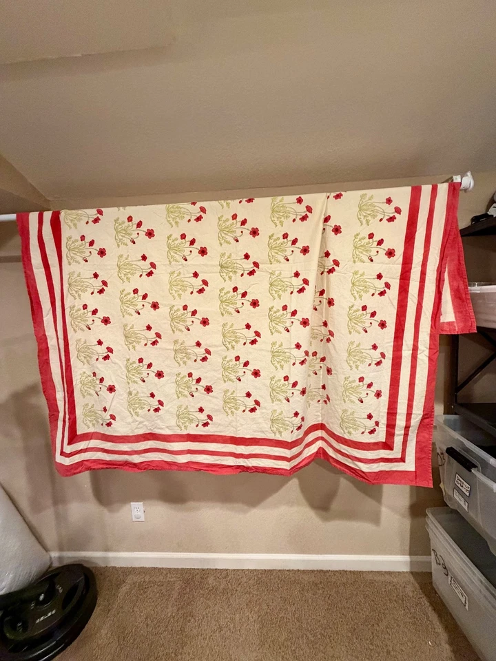 VTG Couleur Nature 71" Square Red Poppy Floral Handblock Table Cloth Cottagecore - Image 2 of 4