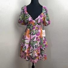 Macy’s Crystal Mini Dress Women's Large Sky Pink Tropical Tie Back Puff Sleeves