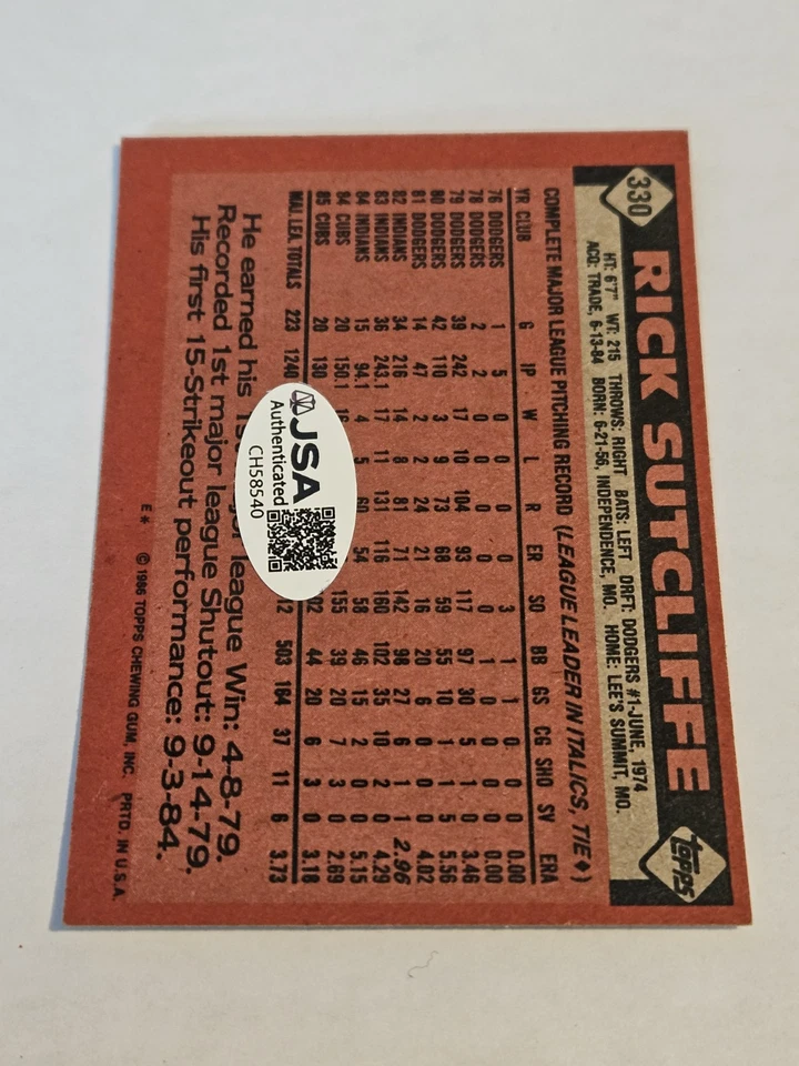 Tarjeta de béisbol firmada automática Rick Sutcliffe 1986 Topps #330 Chicago Cubs JSA 540 Foto 2 de 2