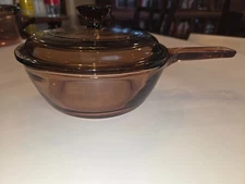 Vision Corning Ware USA 0.5L Pot Sauce Pan With Pyrex Lid Amber Vintage