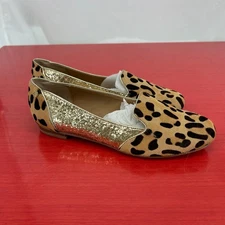 IMAN Wms Almond Toe Loafers 8.5M Leopard Calf Hair Metallic Gold Glitter Flats