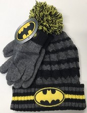 Beanie Cap - DC Comics Batman Black/Gray Logo w/Glove Mitten Hat Set Kids NEW