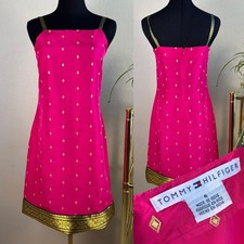 Tommy Hilfiger Hot Pink Silk Mini Dress Gold Diamond Print Strappy Size 6