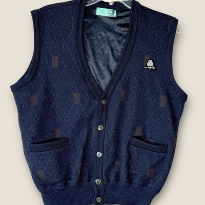 Vintage Woolmark Sweater Vest Men Size L Hiko 100% Wool Knit Buttoned  Dark Navy