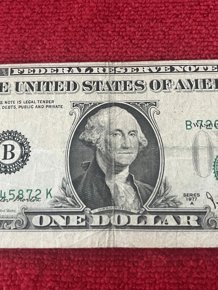 1977A One Dollar ($1) Bill Misalignment Serial Number Error Note • B72045872K - Image 3 of 4