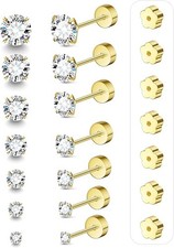 7 Pairs 20G Flat Back Stud Earrings for Women Men Hypoallergenic 14K Gold Plated