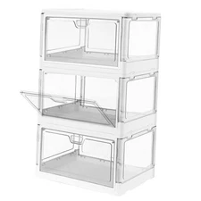 3-Pack Clear Stackable Storage Bins with Lids Magnetic Doors Open Front White