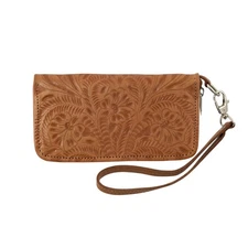 American West Womens Hand Tooled Natural Tan Leather Zip Around Wallet OS