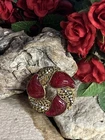 49. Miriam Haskell Gold tone Red GrippoixGlass White Rhinestone Wreath  Pin 46mm
