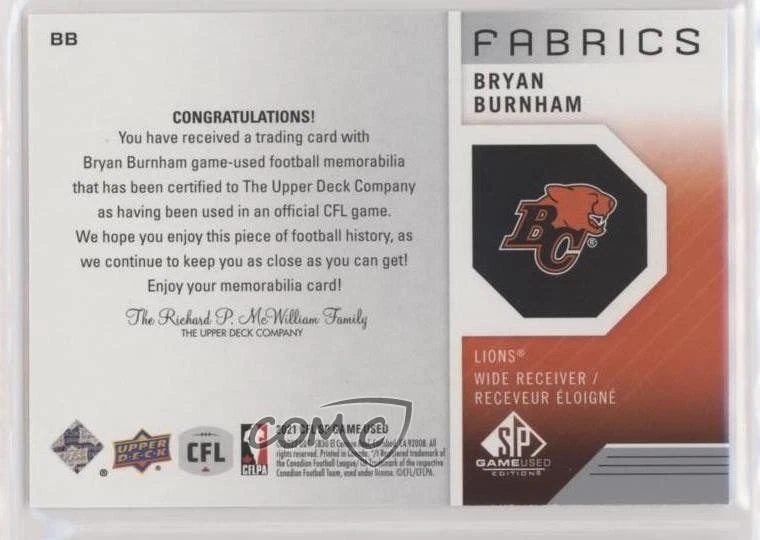 2021 SP Game Used Edition CFL Fabrics Bryan Burnham #BB - Image 2 of 2
