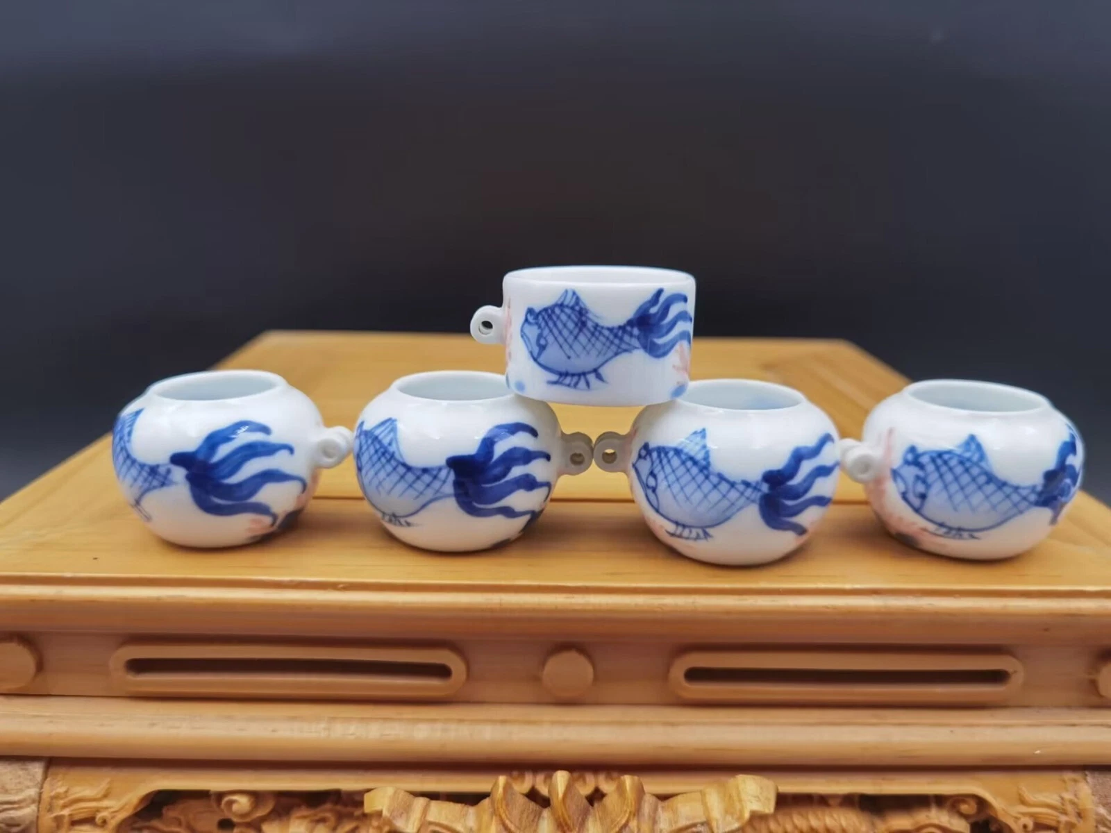 1set 5pcs Asian Bamboo Blue Bird Cage Fish Ceramics Cups 70303