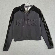 PINK Victoria's Secret Women Sweatshirt Small Crop Velvet Hoodie Logo Embroidery