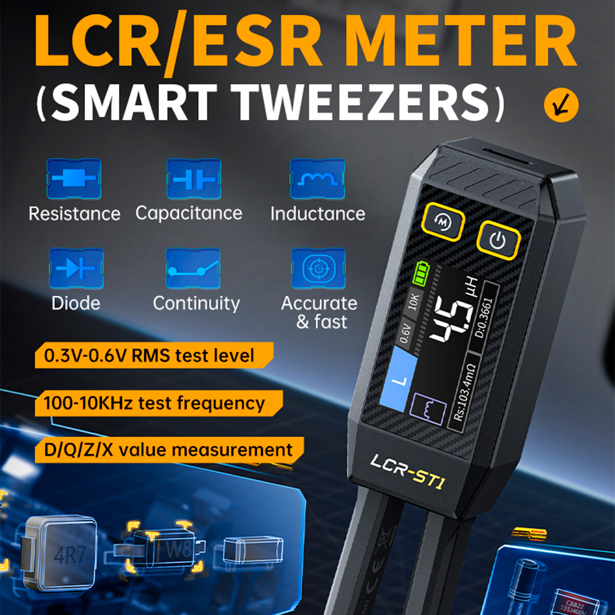 FNIRSI LCR-ST1 Mini Smart Tweezer LCR SMD ESR Tester Ohm Cap