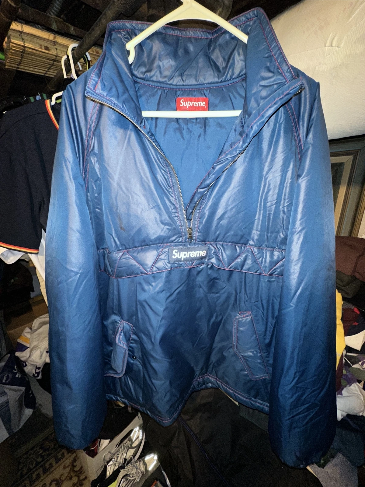 Pull tampon veste de couture contrastée Supreme FW17 homme XL bleu nylon