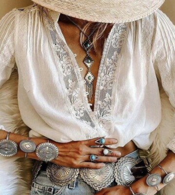 Long Sleeve Boho Shirts Womens L New White Lace Folk Gypsy