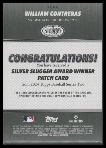 WILLIAM CONTRERAS 2024 Topps Series 2 Silver Slugger Award Winner Patch Relic - Picture 2 of 2