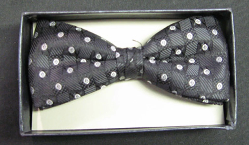 Mens Gray Black Polka Dots Check Pattern Pre Tied Bow Tie New In Box NBT 15 - Image 1 of 1