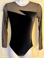 GK LgSLV LADIES SMALL BLACK GLITTER VELVET  MESH GYMNASTICS DANCE LEOTARD Sz AS