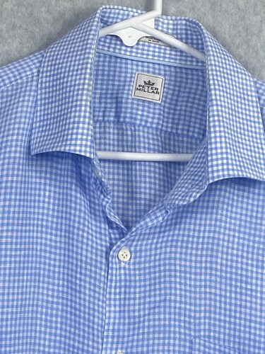 Camisa Peter Millar Para Hombres 16.5 Azul Cuadros Guinga Lino Deporte Preppy Informal - Imagen 2 de 9