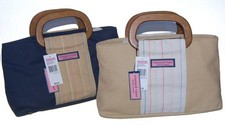 Vineyard Vines Wood Handle Canvas Satchel Navy Khaki Handbag Purse New Nwt