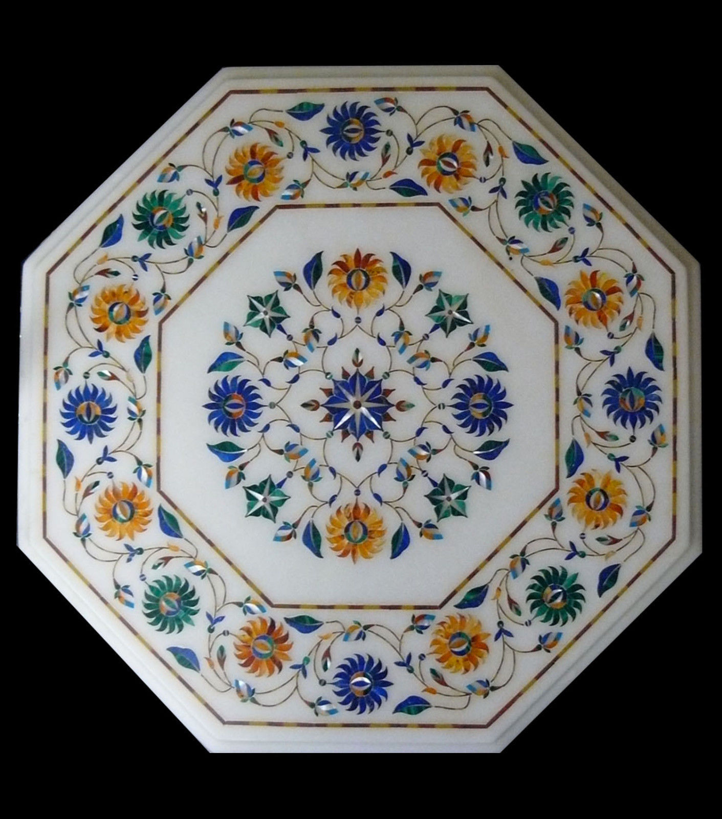 18-inch Marble Coffee Table with Floral Inlay for Patio Decor