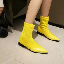 Womens Pointed Toe Ankle Riding Boots Flat Pull On Shoes Stretchy Shoes 48/49/50