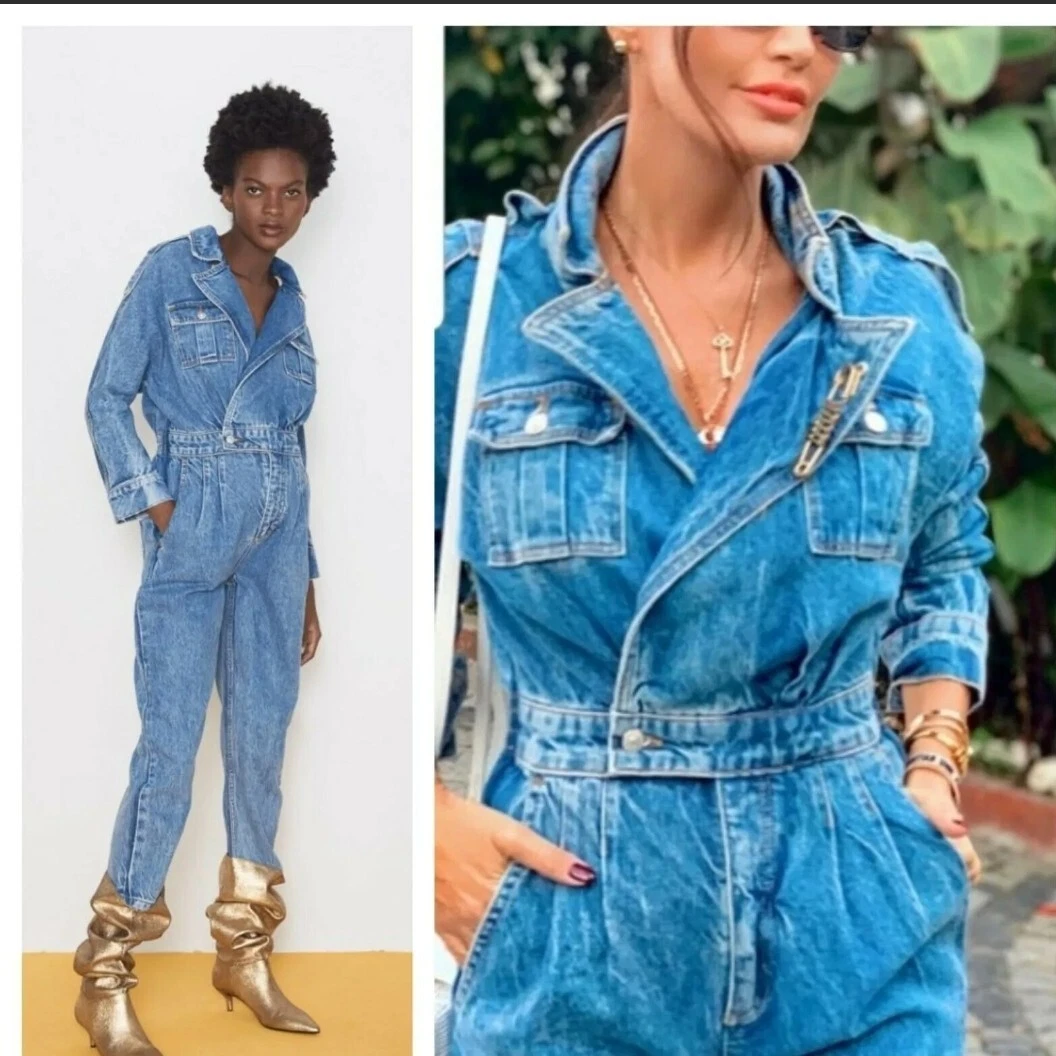 ZARA WOMAN HIGH WAISTED 90 s BLUE DENIM JEAN JUMPSUIT eBay