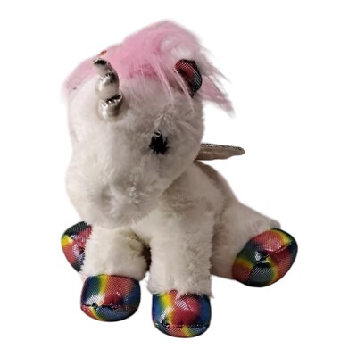 Aurora Unicorn Plush White Pink Hair Rainbow Sparkle Hooves Stuffed Animal 10''