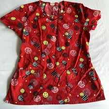 Dickies Women's Scrub Top Size S/M Font Pockets Happy Faces Print