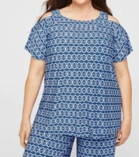 AnyWear by Catherines Plus Blue Tie Dye Open Shoulder Top Blouse 4X 30/32