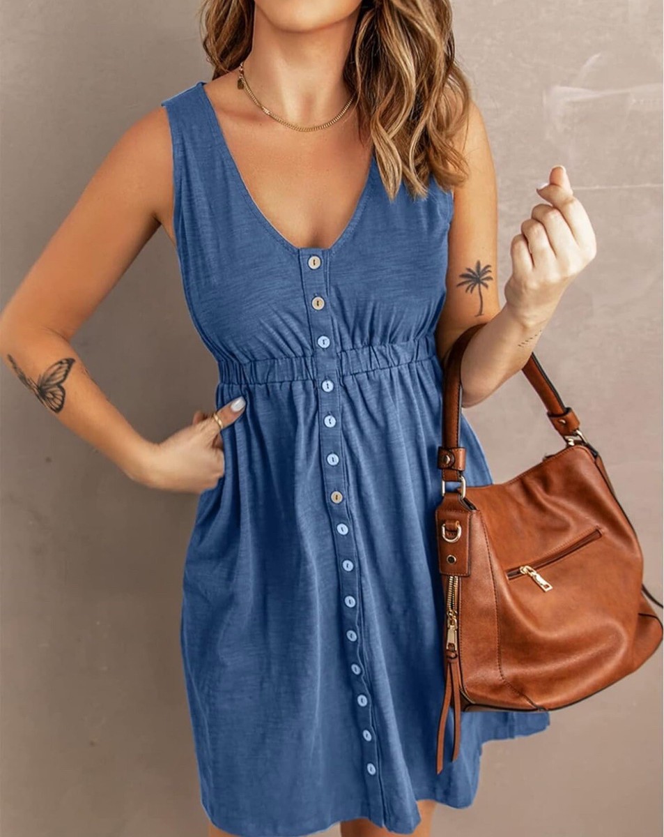 Women Casual Summer Dress Sleeveless V-Neck ButtonDown Midi - Main Image