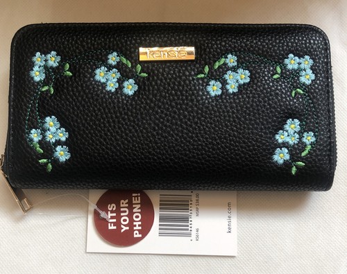 Kensie Pebbled Black Faux Leather Embroidered Daisies Zip Around Wallet NWT - Picture 11 of 12