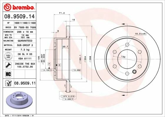 2X Brembo 08.9509.11 Bremsscheibe Hinten FüR MERCEDES-BENZ Vw-image