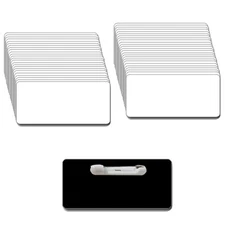 50 BLANK 1 1/2 X 3 WHITE/BLACK NAME BADGE KIT (A) TAGS 1/8" CORNERS PINS LABELS