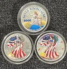 Lot Of 3 - 1999-2001 Painted Silver 1oz Coins .999 Fine - American Silver Eagles