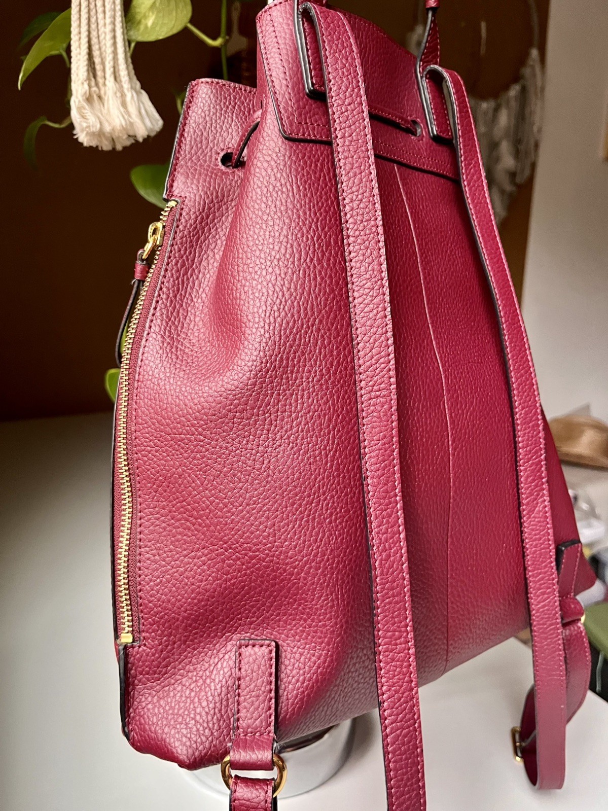 Halston Maroon Leather Drawstring Backpack with G… - image 8